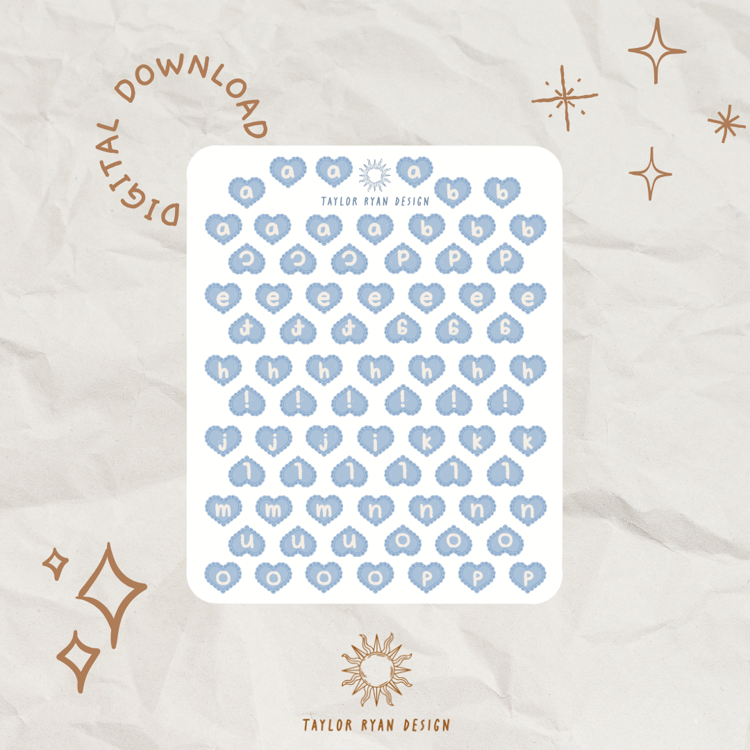 *PRINTABLE* Blue Heart Letters Sticker Sheet (NO CRICUT FILE)