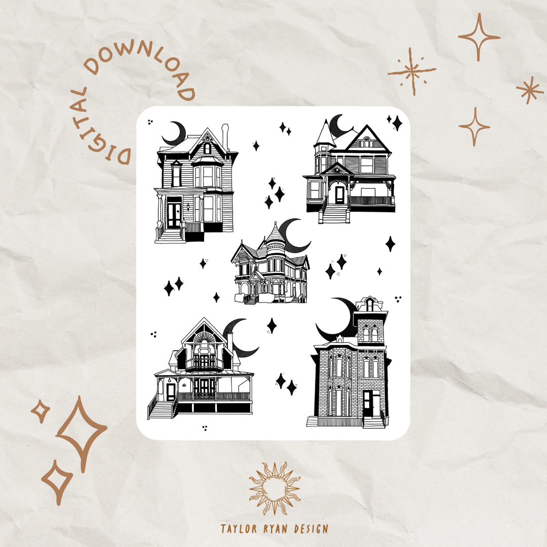 *PRINTABLE* Victorian Homes in B&W Sticker Sheet