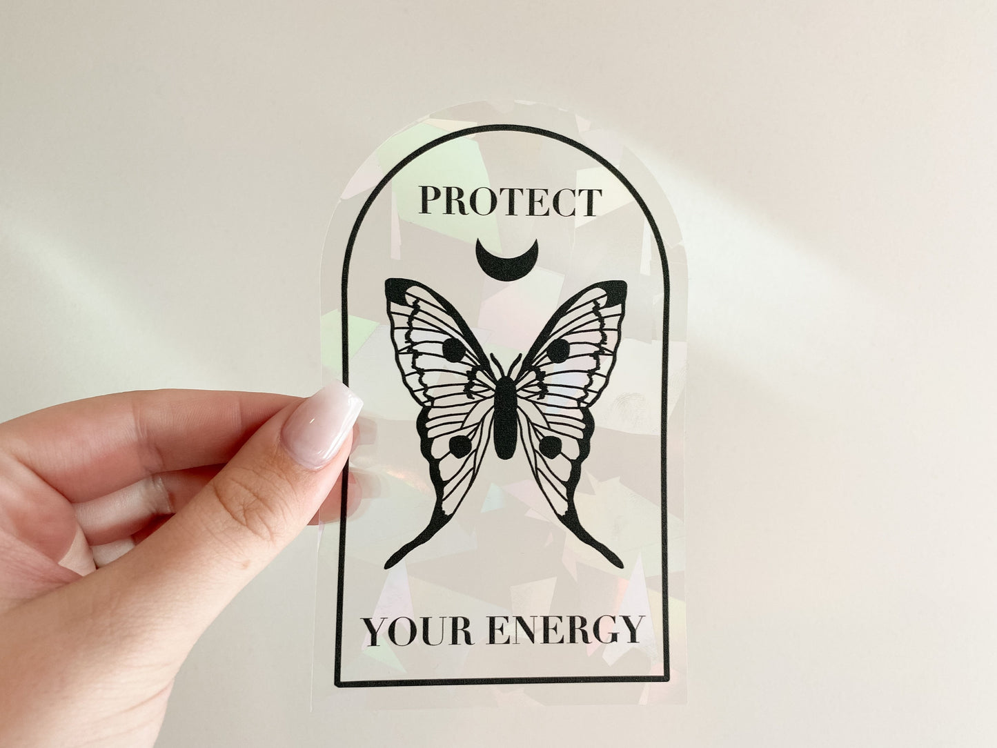 VENTA FINAL Protect Your Energy Moth Suncatcher Sticker Rainbow Maker